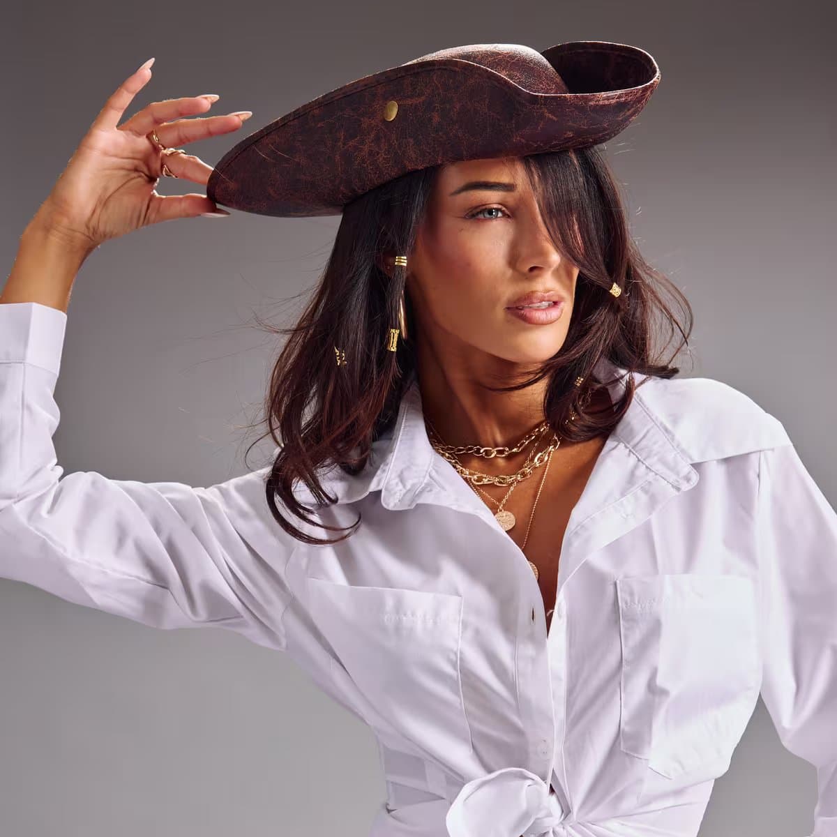 EGO Stud Detail Pirate Hat In Brown Distressed Faux Leather, Women's Size UK 0