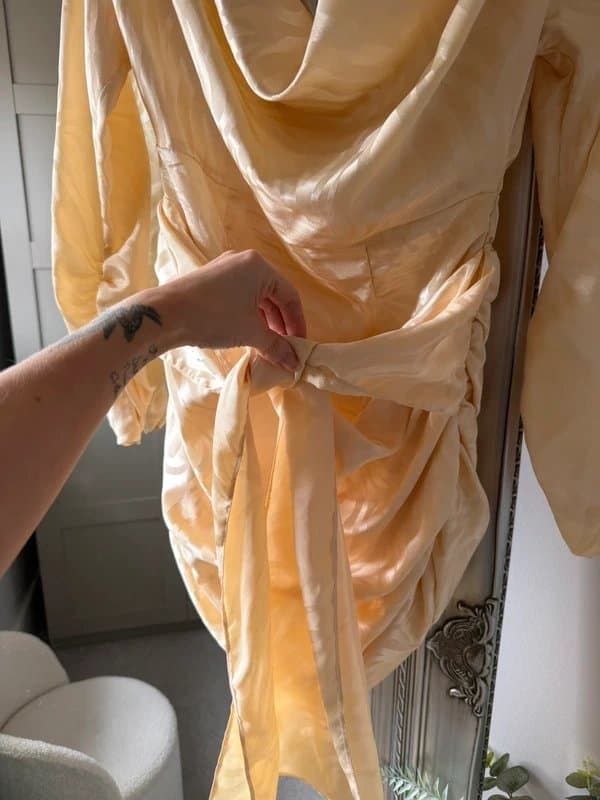 ASOS Cream cowl neck & cowl back long sleeve dress with ruched skirt and belt