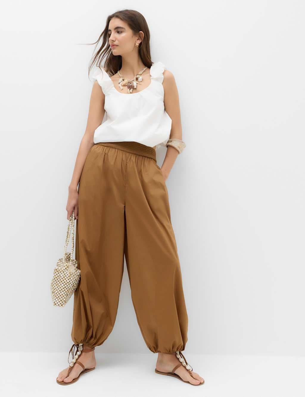 Marks & Spencer M&S Pure Cotton Bubble Hem Beach Trousers Caramel