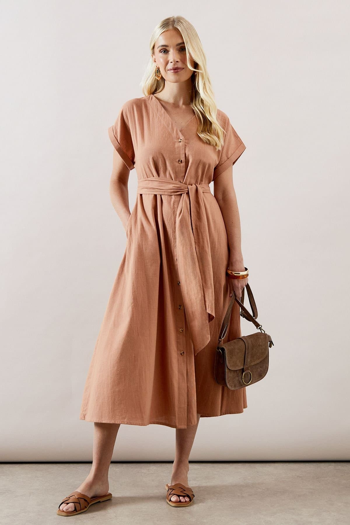 Wallis Wallis Women's Petite Linen Mix Button Midi Dress in Mocha