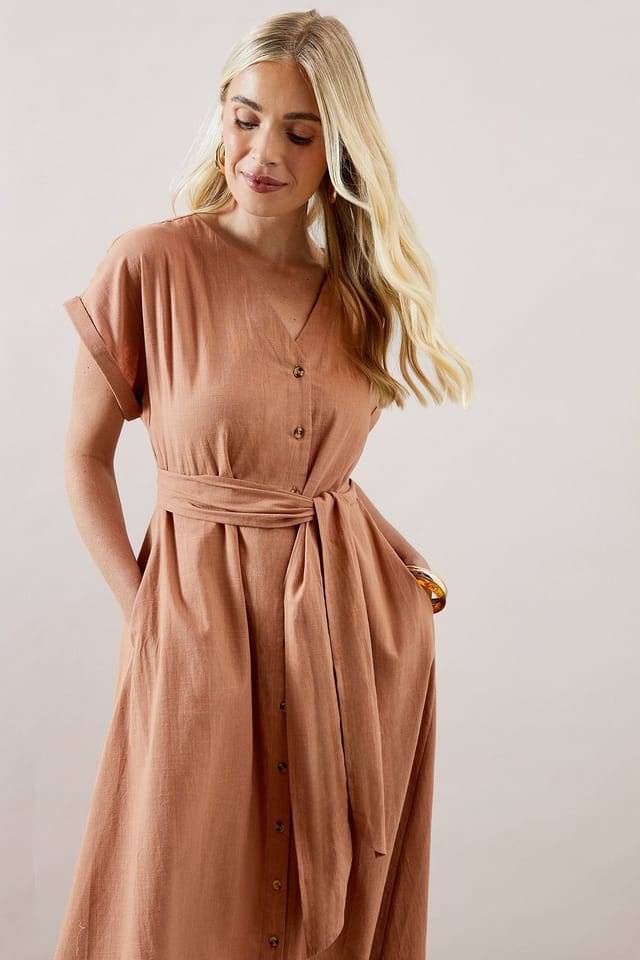 Wallis Wallis Women's Petite Linen Mix Button Midi Dress in Mocha - 2