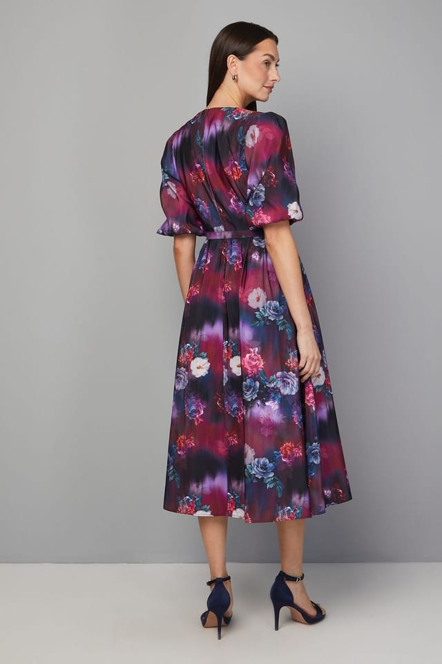 Wallis Wallis Women's Floral Twill Belted Midi Dress in Wine - 3