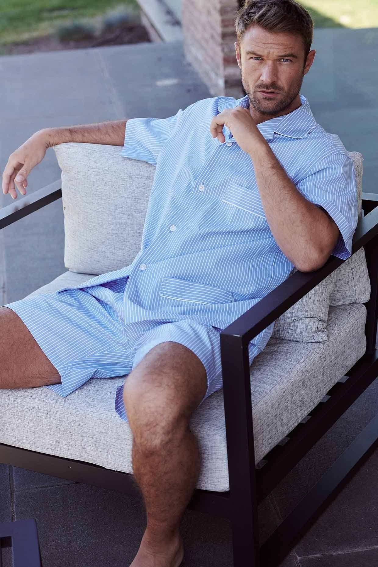 British Boxers British Boxers Men's "Sky Blue & White" Stripe Crisp Cotton Short Pyjama Set in Light Blue