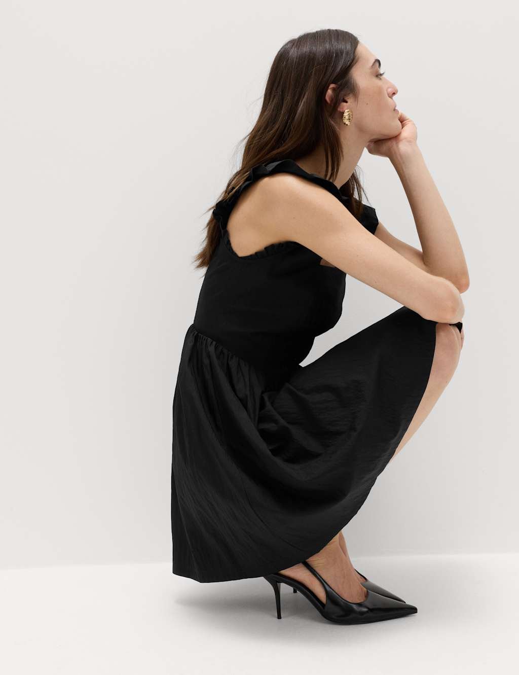 Marks & Spencer M&S Frill Detail Square Neck Mini Skater Dress Black - 4