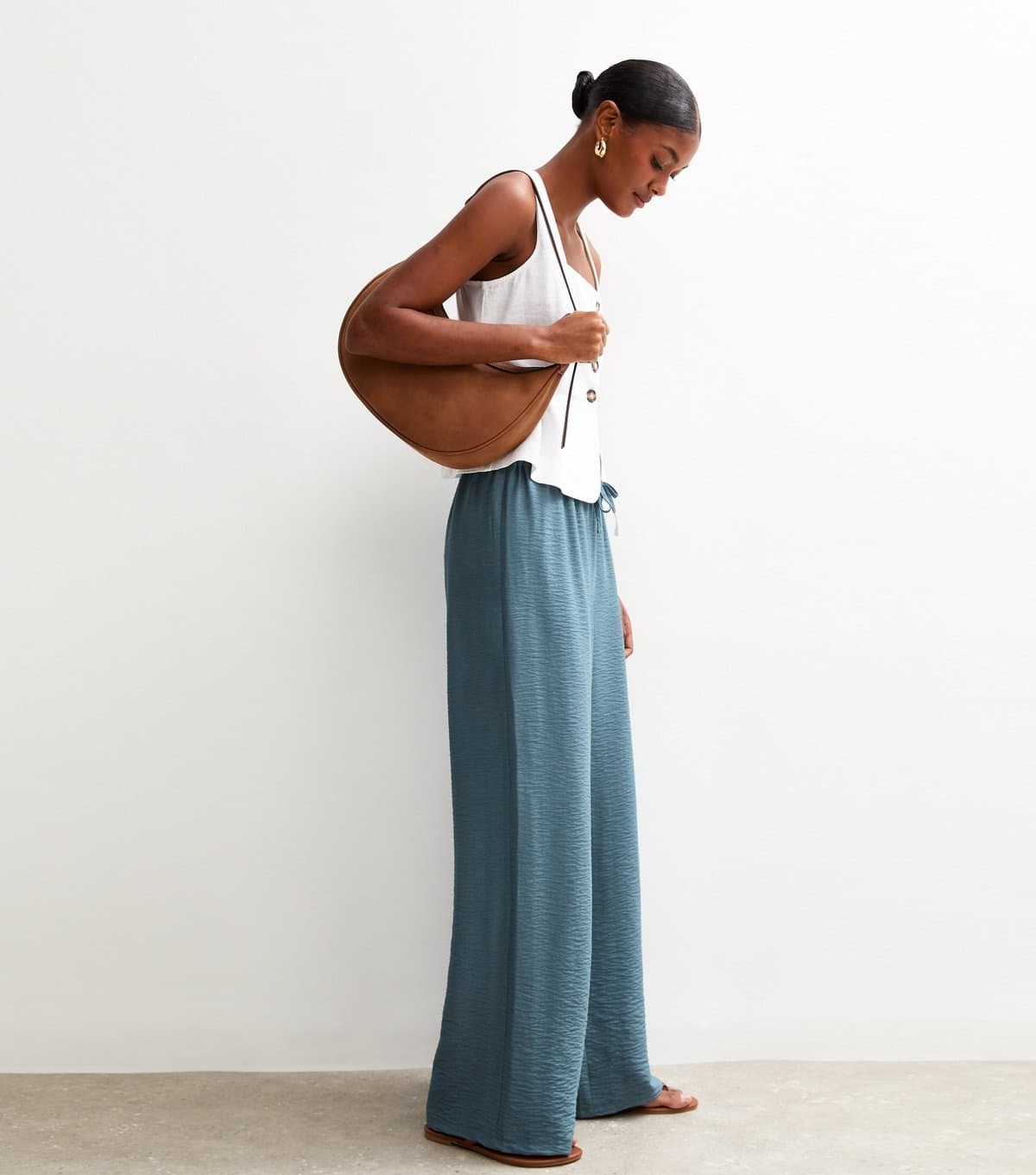 New Look Women's Blue Crinkle Texture Wide Leg Trousers New Look