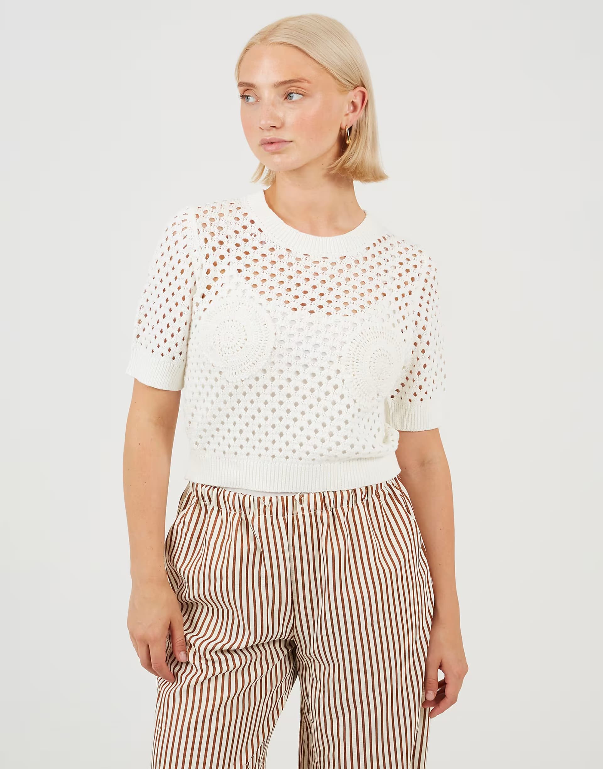 ASOS Brave Soul Crochet knit short sleeve t-shirt with shell detail in white