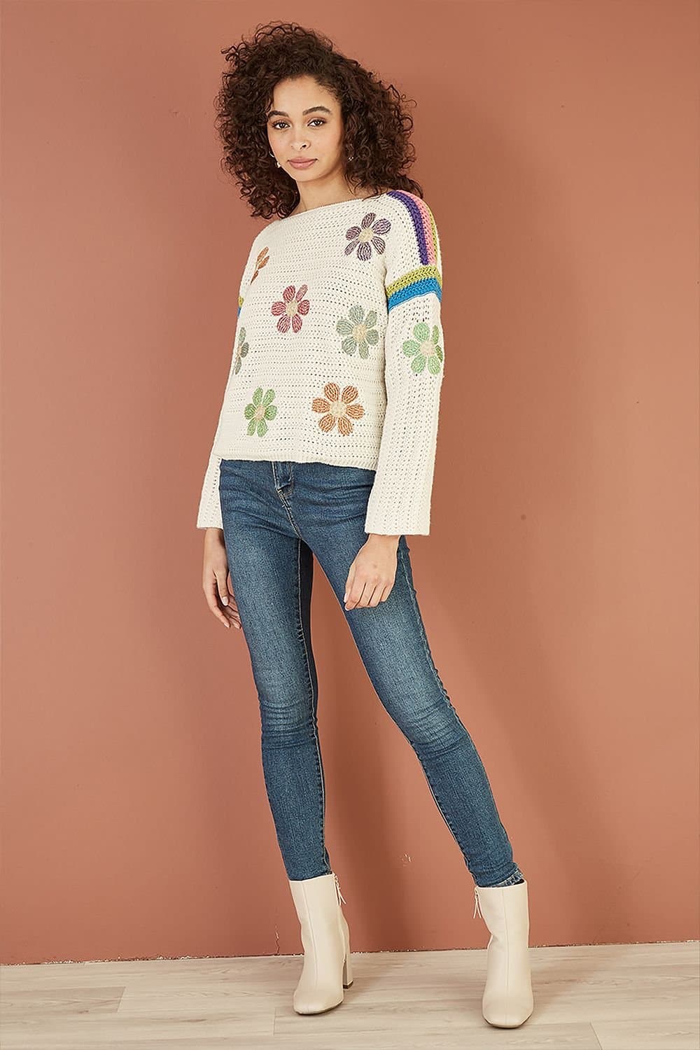 Yumi Yumi Women's Cream Crochet Flower Jumper in Ivory
