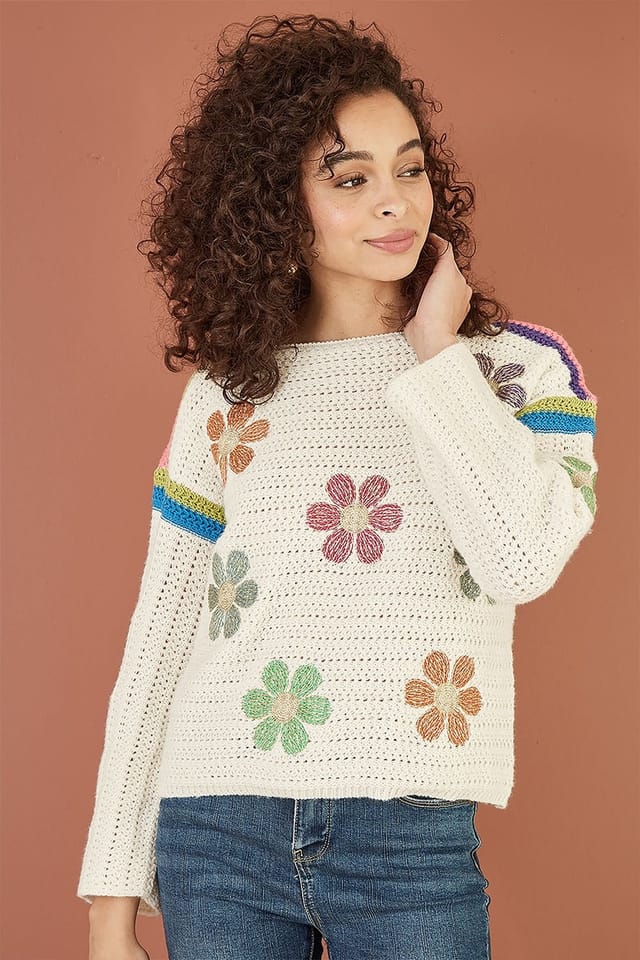 Yumi Yumi Women's Cream Crochet Flower Jumper in Ivory - 3