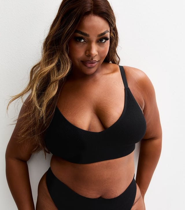 New Look Women's Plus Size Black Ribbed Triangle Bra Curves New Look - 2
