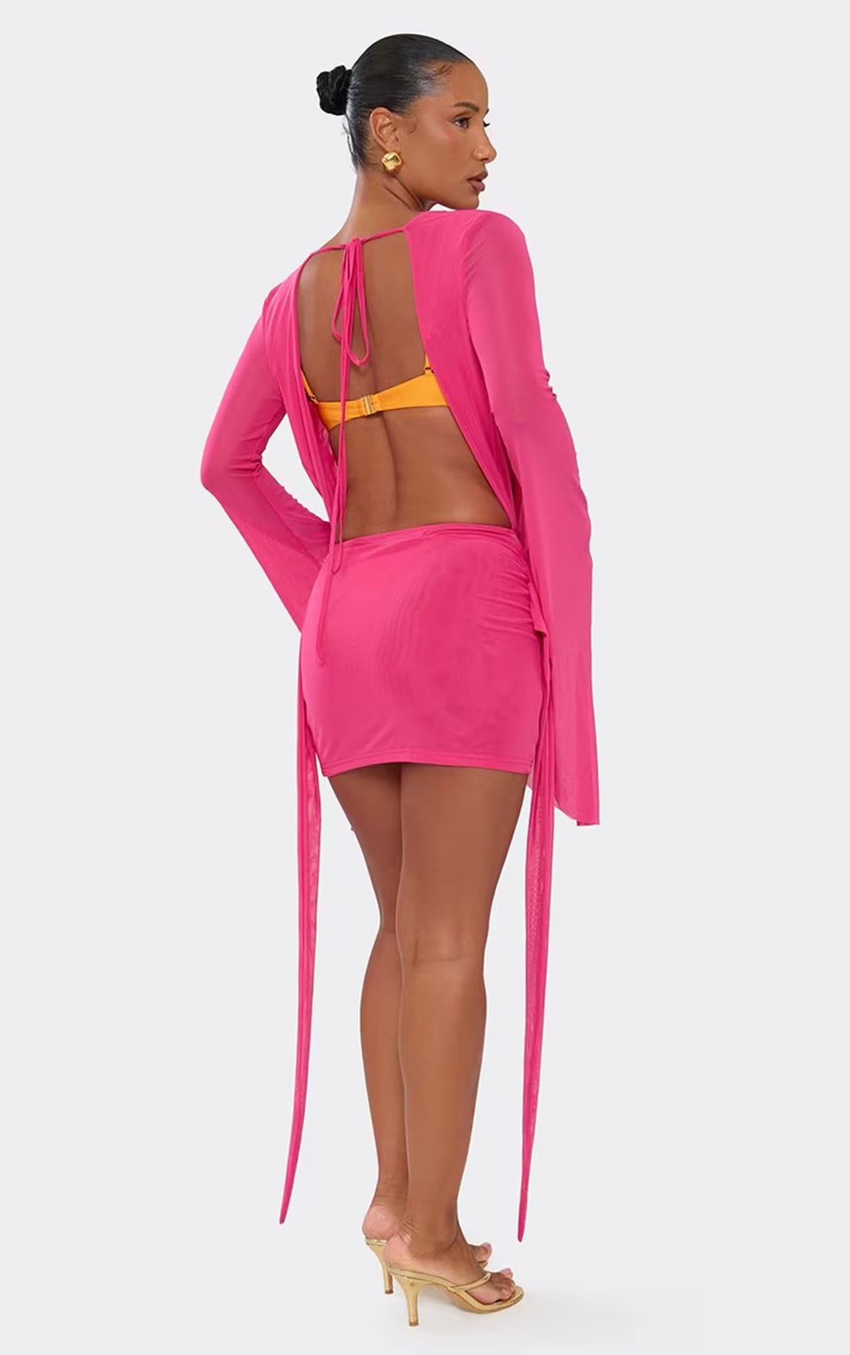 EGO Long Sleeve Cowl Neck Open Back Beach Mini Dress In Hot Pink, Women's Size UK S