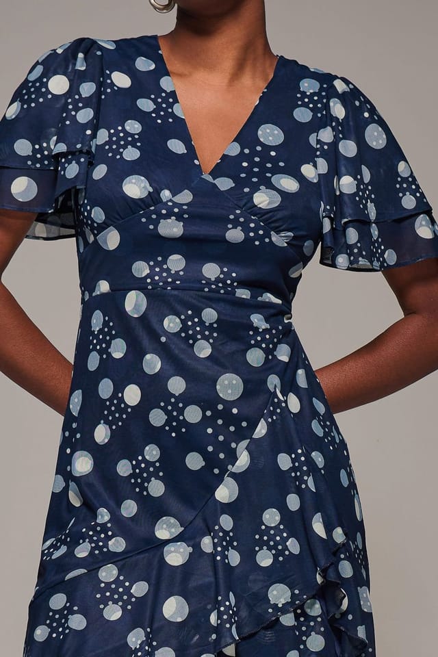 Jolie Moi Jolie Moi Women's Angel Sleeve Ruffle Hem Mesh Midaxi Dress in Navy - 3