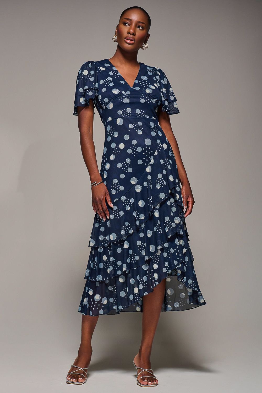 Jolie Moi Jolie Moi Women's Angel Sleeve Ruffle Hem Mesh Midaxi Dress in Navy - 4