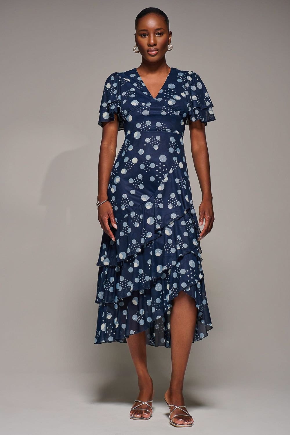 Jolie Moi Jolie Moi Women's Angel Sleeve Ruffle Hem Mesh Midaxi Dress in Navy - 4