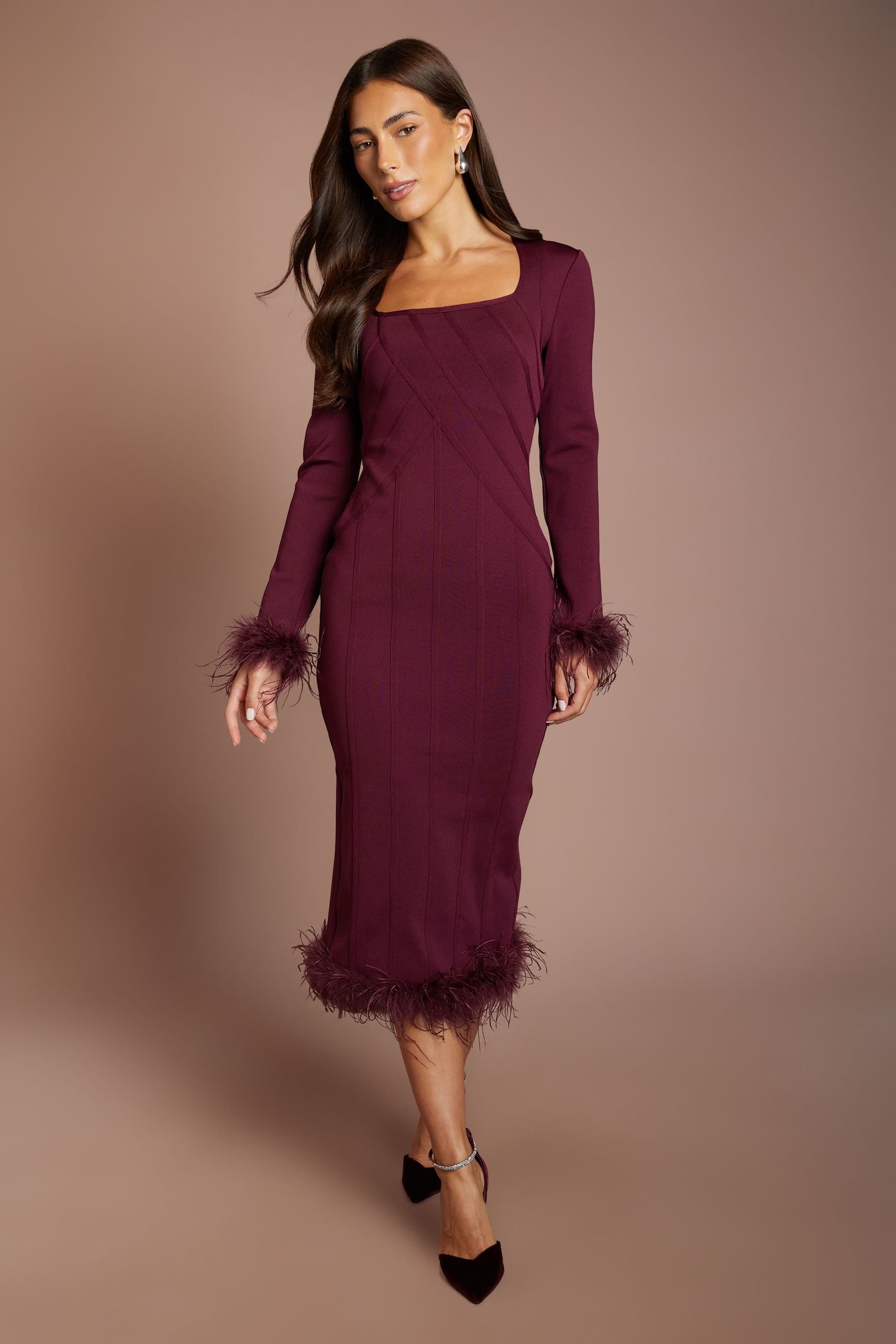Coast Coast Women's Long Sleeve Bandage Pencil Midi Dress With Feather Hem in Burgundy