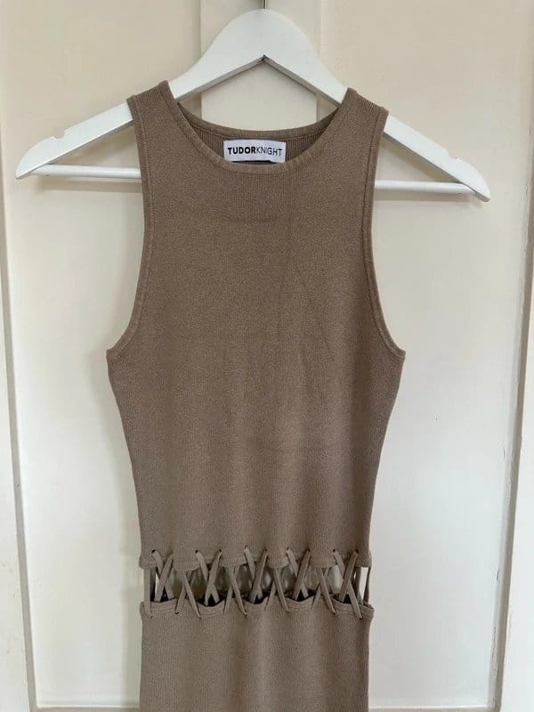 ASOS ASOS cut out midi dress knitted in mink colour with lace detail size small - 1