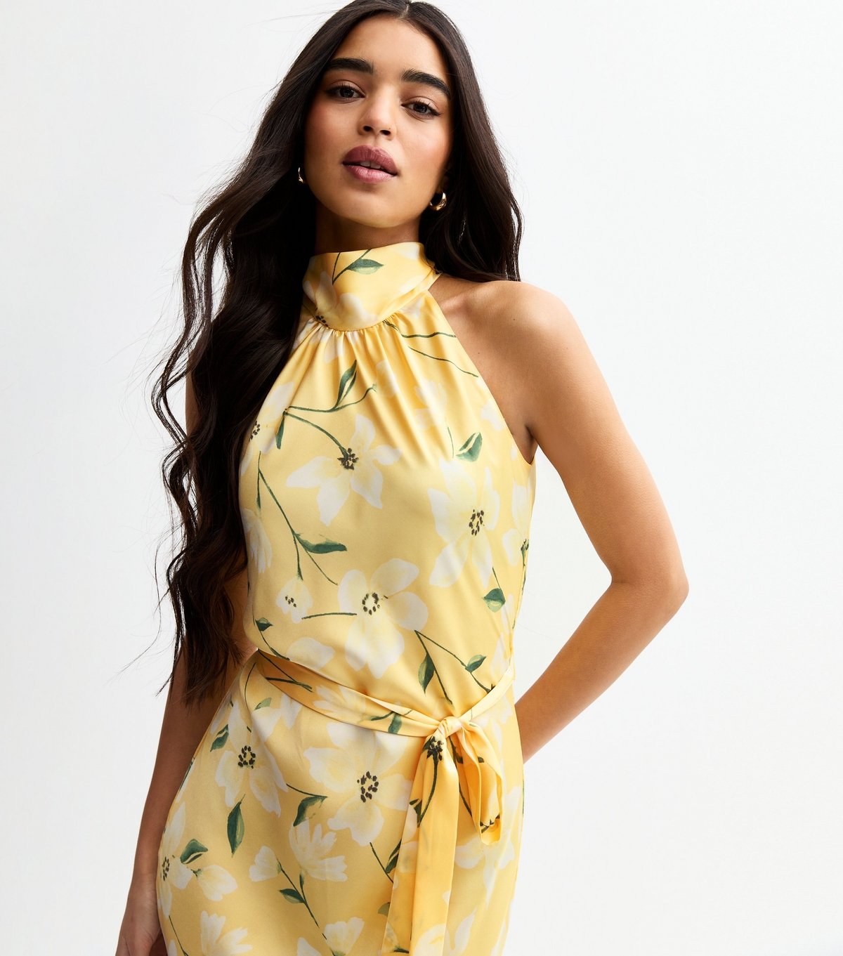 New Look Women's Yellow Floral Print Satin Halterneck Midi Dress New Look - 3