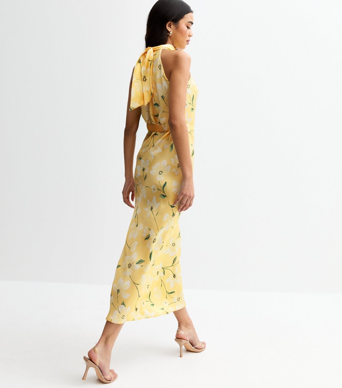 New Look Women's Yellow Floral Print Satin Halterneck Midi Dress New Look - 4