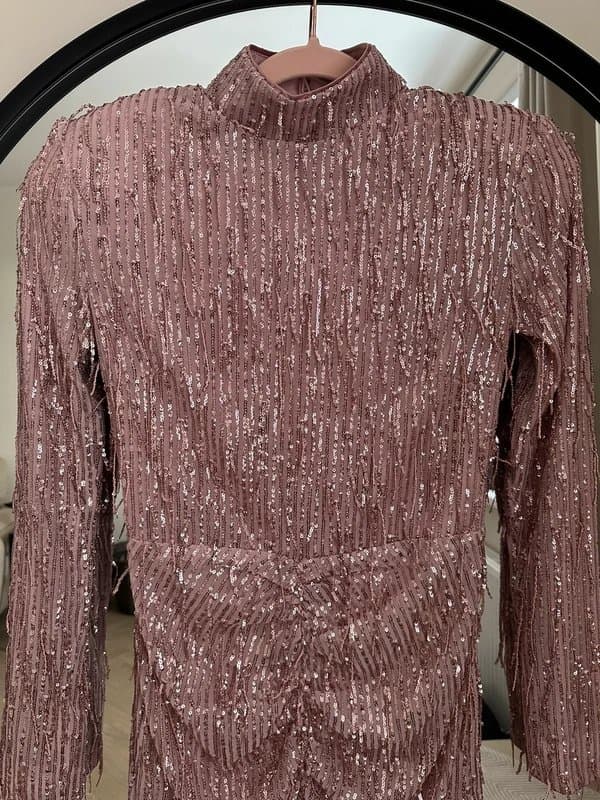 ROTATE Birger Christensen Rotate Sequin Fringe Mini Dress Pink UK 8 Party Occasion BNWT