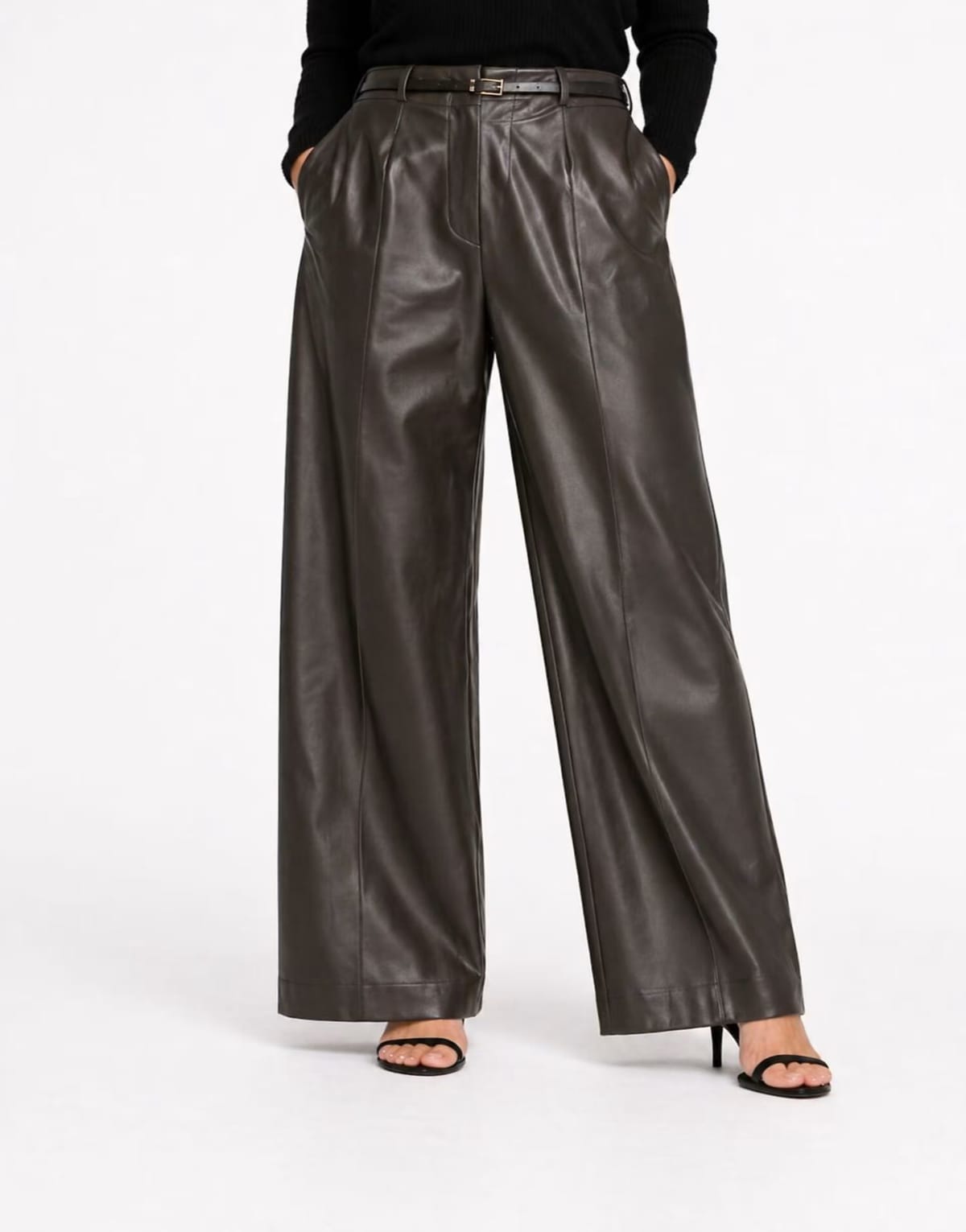 ASOS River Island Petite Faux leather wide leg trousers in brown - dark - 1
