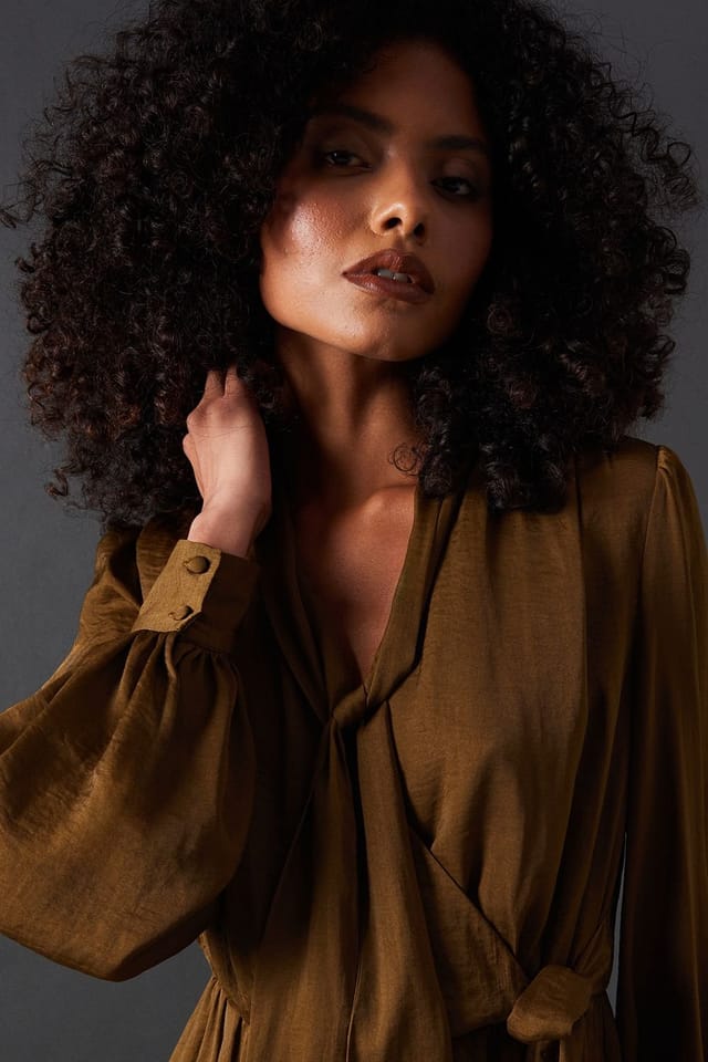 Warehouse Warehouse Women's Satin Tie Neck Flippy Mini Dress in Olive - 2