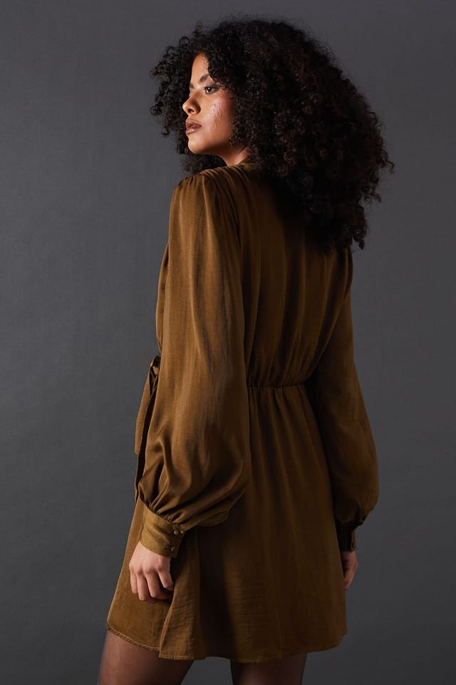 Warehouse Warehouse Women's Satin Tie Neck Flippy Mini Dress in Olive - 3