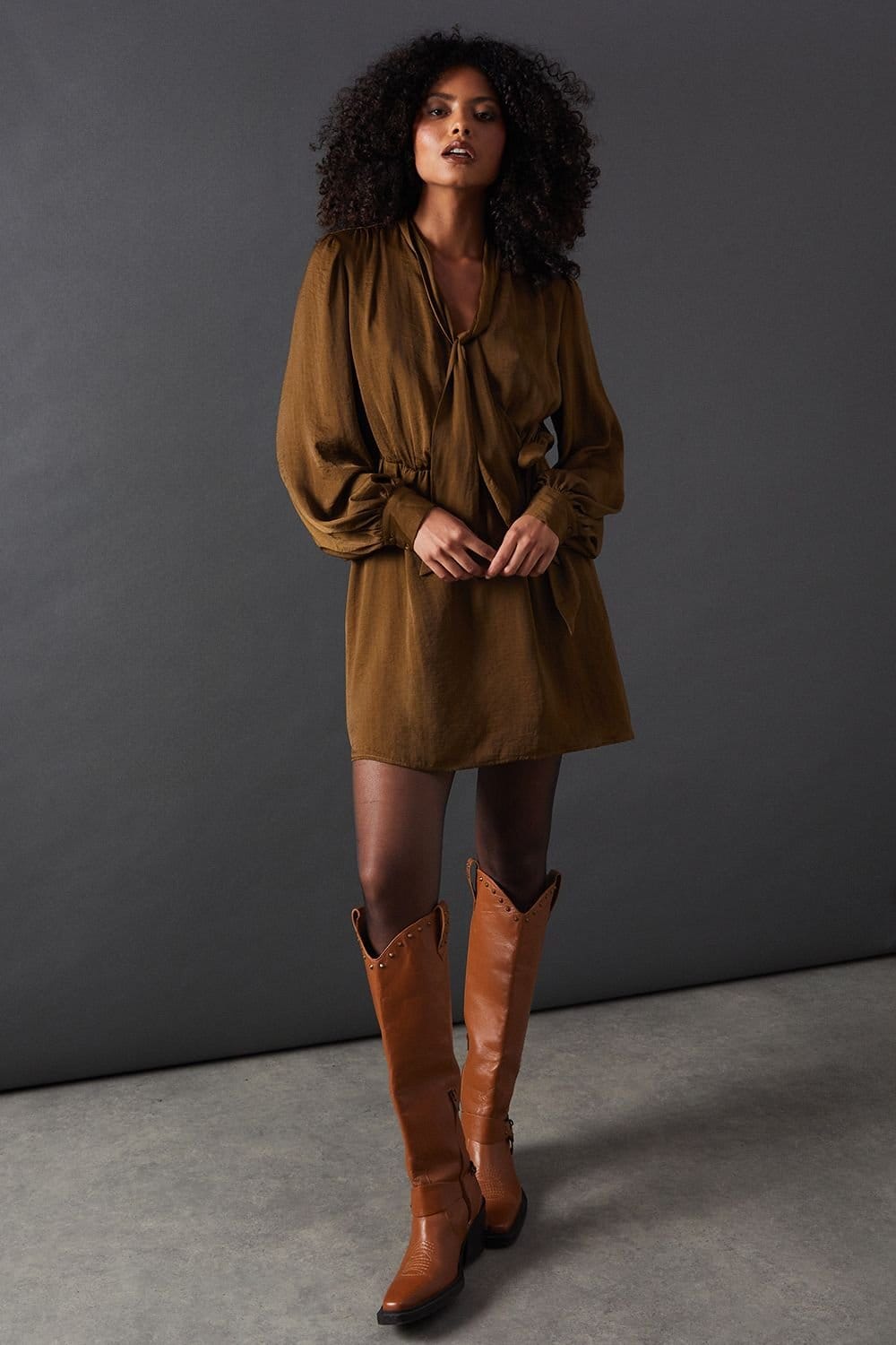 Warehouse Warehouse Women's Satin Tie Neck Flippy Mini Dress in Olive - 4