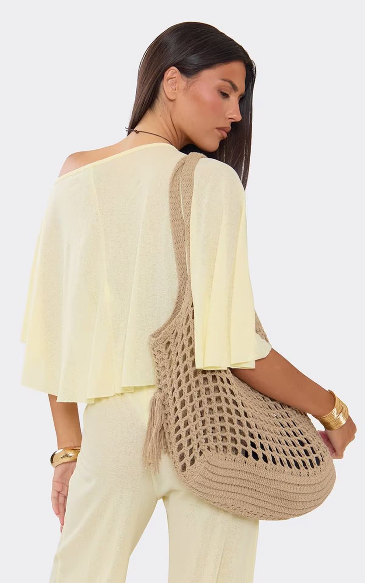EGO Off The Shoulder Sheer Cape Top In Lemon, Women's Size UK 6