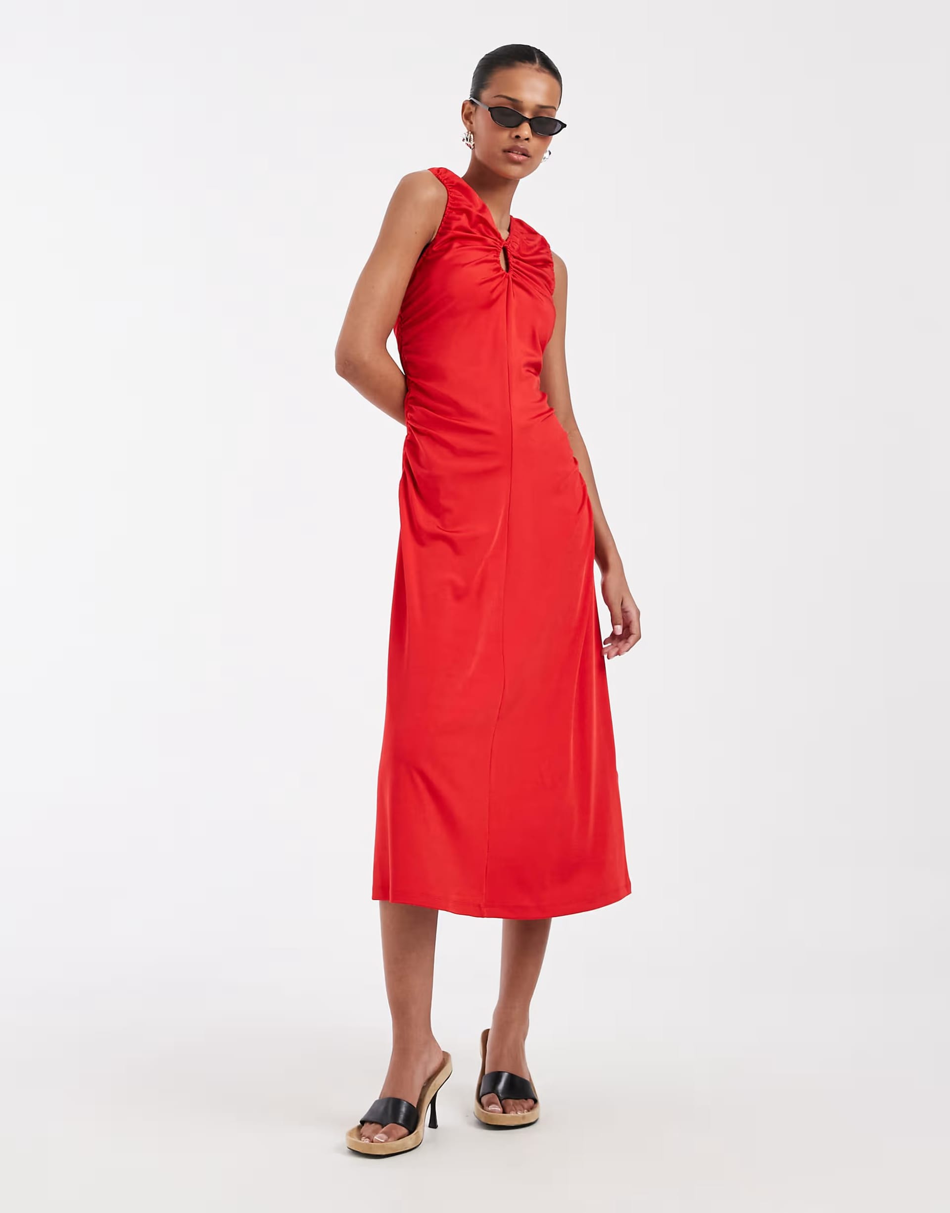 ASOS Red Ruched Sleeveless Midi Dress with Keyhole