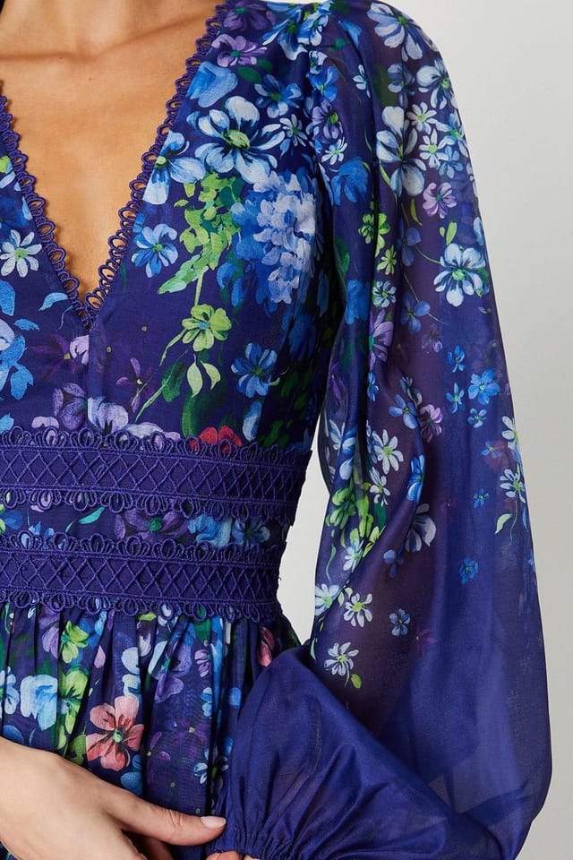 Coast Coast Women's Organza Floral Placement Lace Trim Midaxi Dress in Navy - 2