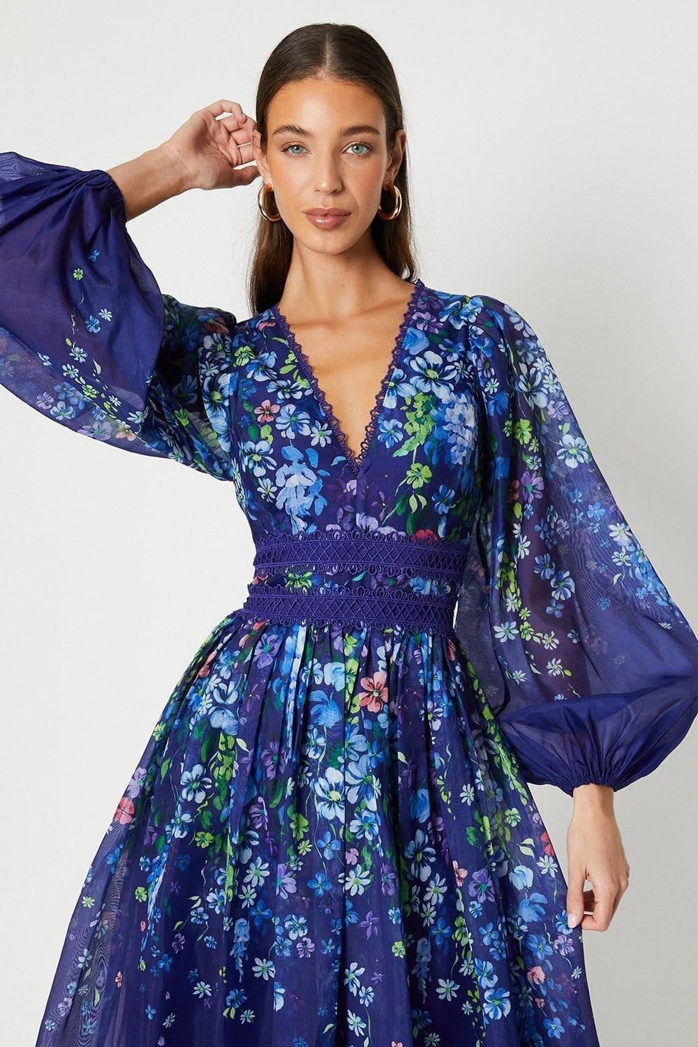 Coast Coast Women's Organza Floral Placement Lace Trim Midaxi Dress in Navy - 4