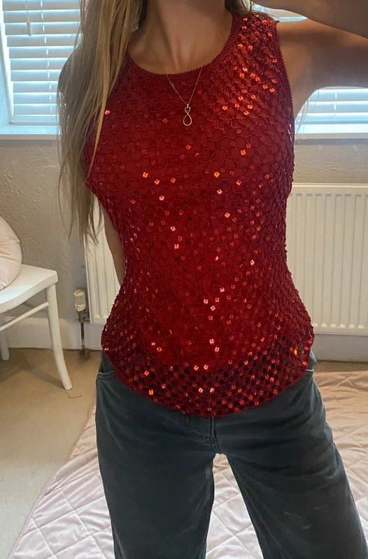 Vintage Vintage Y2K red crochet layered sequin high neck vest top