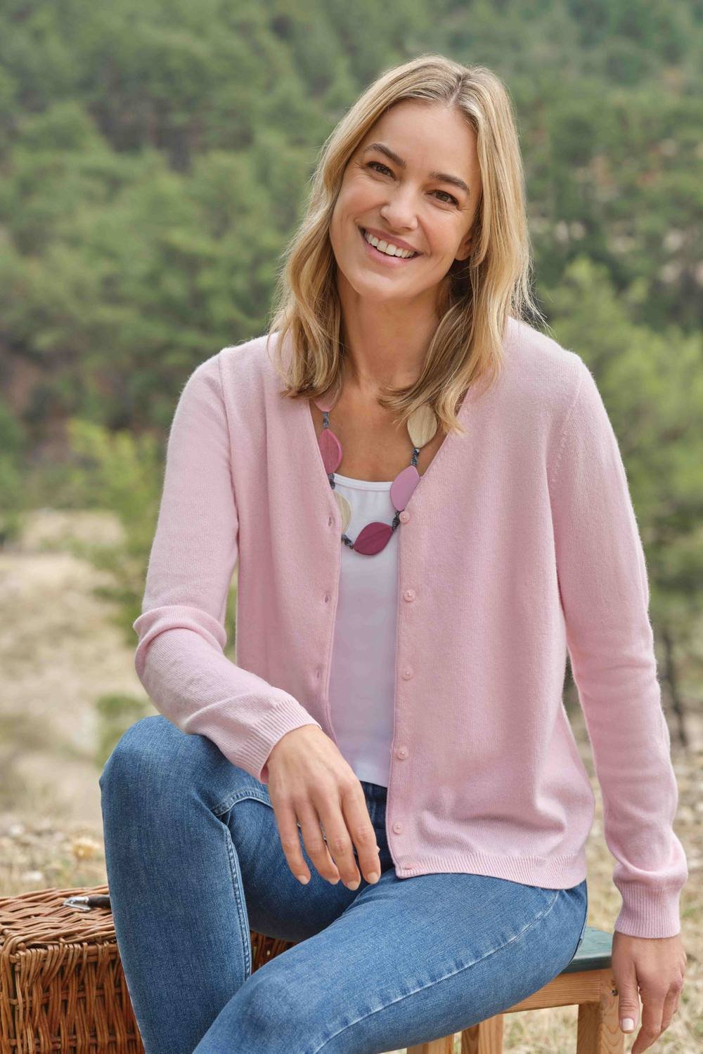 WoolOvers WoolOvers Women's Cashmere Merino Classic V Neck Cardigan in Light Pink - 1