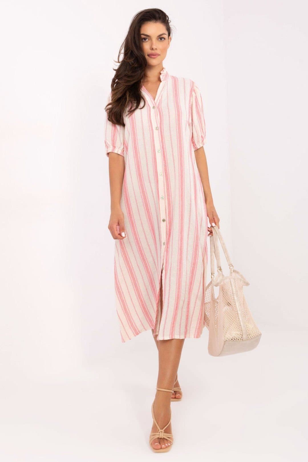 Love Lace Love Lace Women's Boho Midi Shirt Dress with Hidden Pockets in Pink