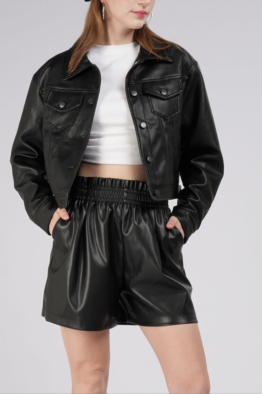 OUTTA BOX OUTTA BOX Women's Women's Vintage Lapel Cropped Faux Leather Jacket in Black