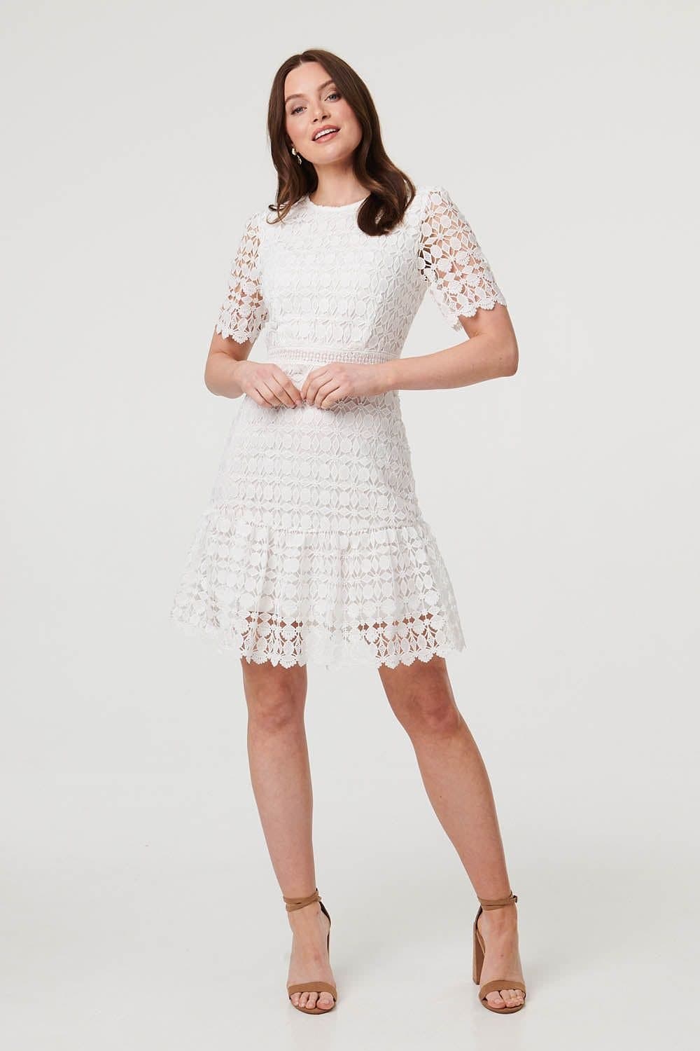 Izabel London Izabel London Women's Semi Sheer Lace Layer Fitted Short Dress in White