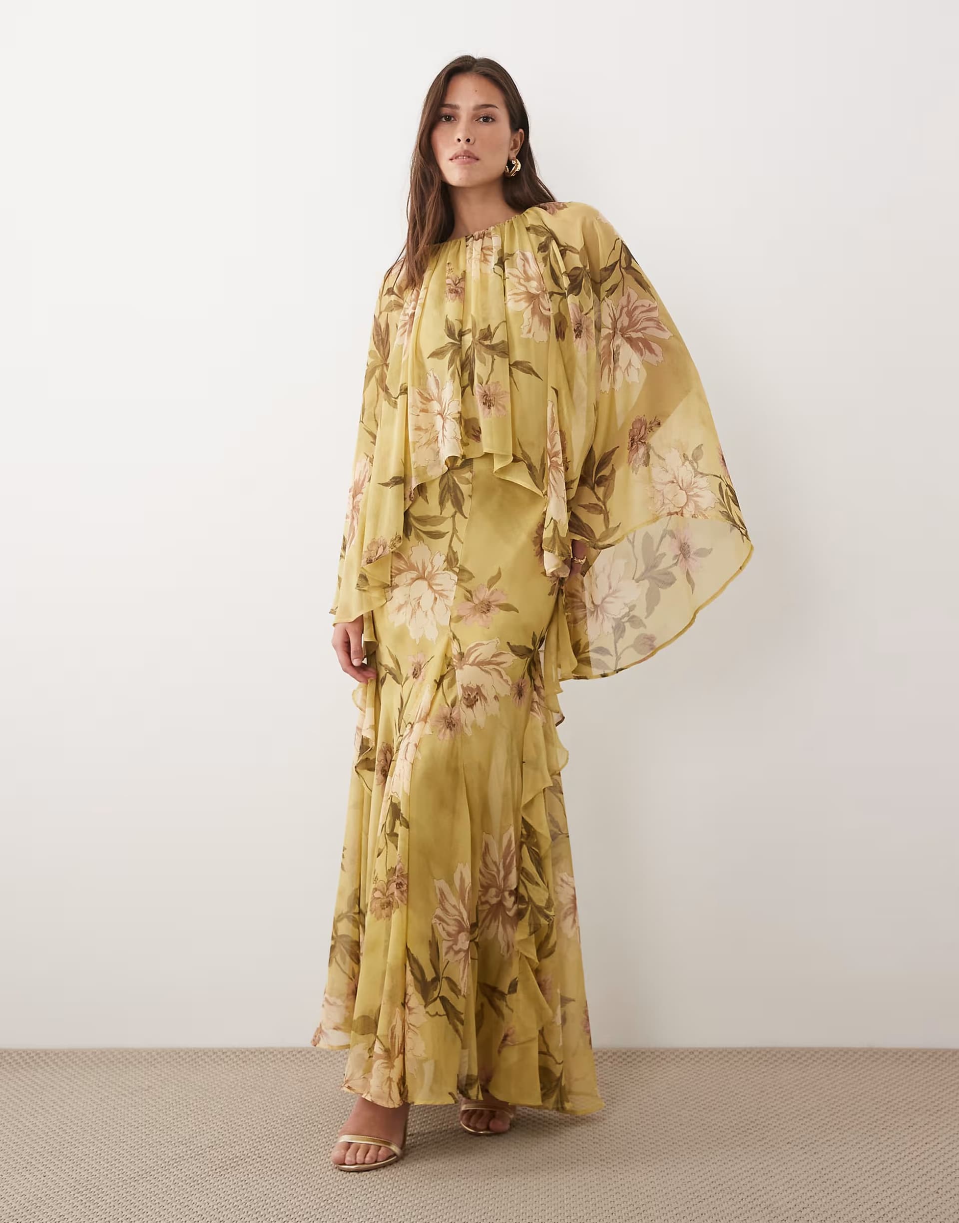ASOS ASOS DESIGN full volume cape sleeve maxi dress with godets in green floral print