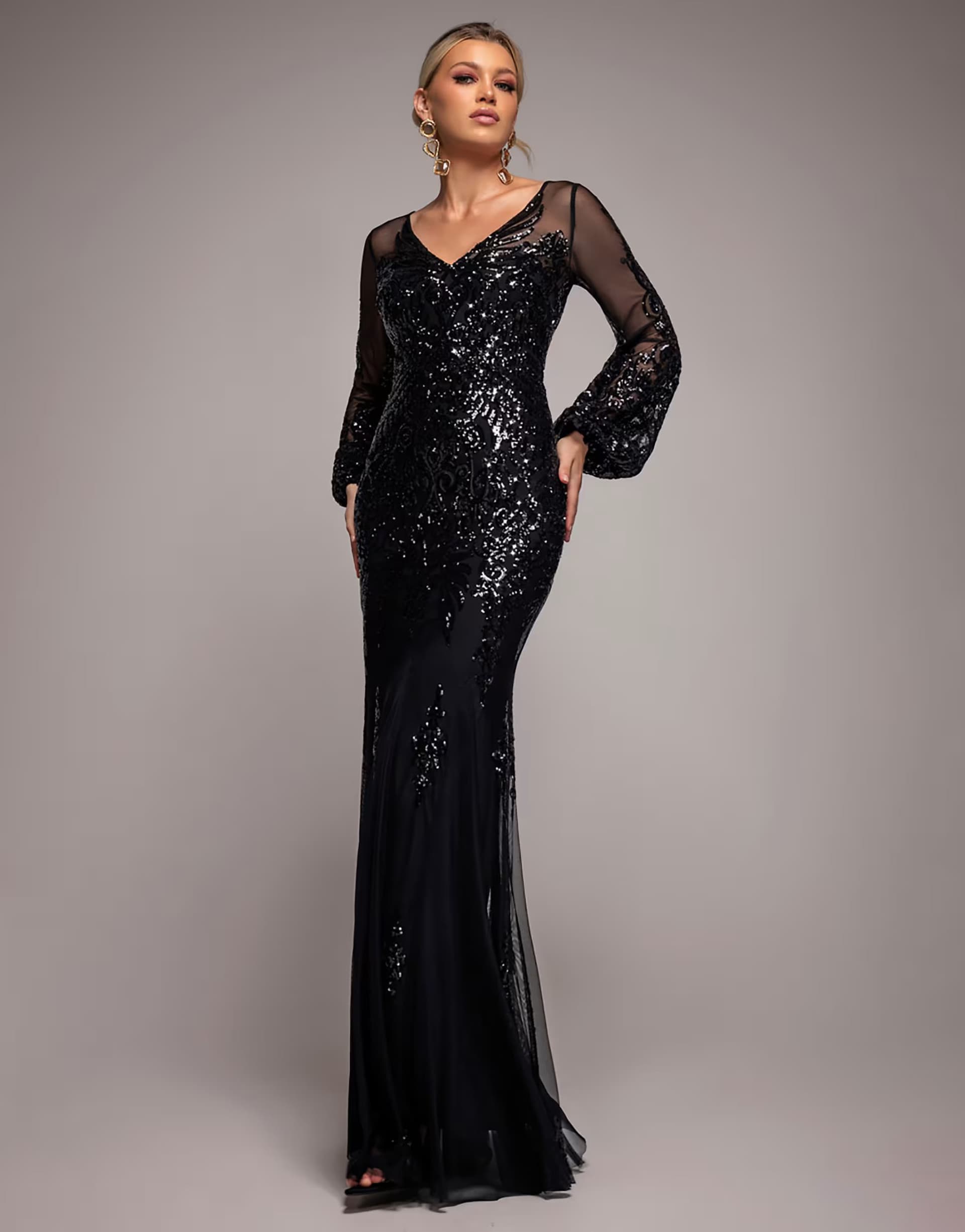ASOS Goddiva Embellished sequin bishop sleeve maxi dress in black