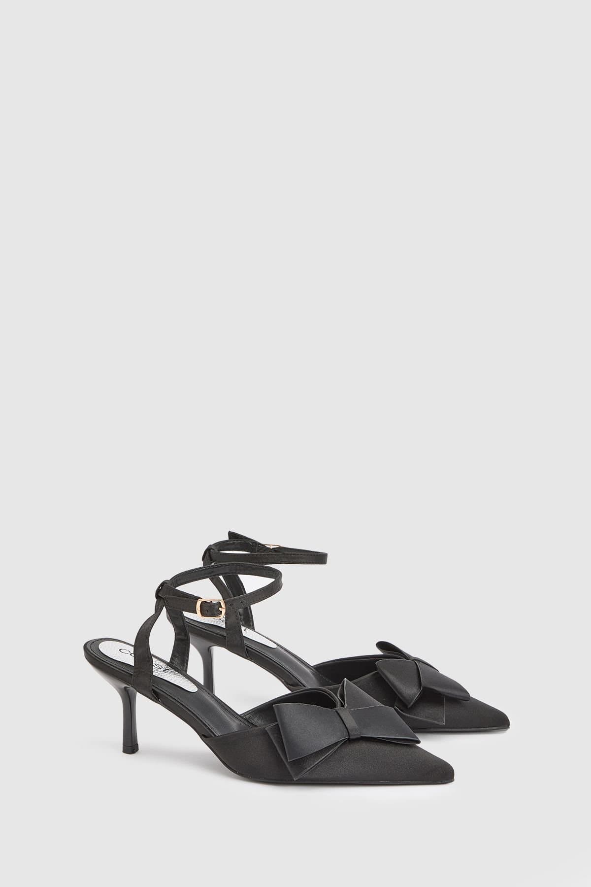 Coast Coast Women's Ella Satin Ankle Strap Bow Detail Medium Stiletto Heel Court Shoes in Black
