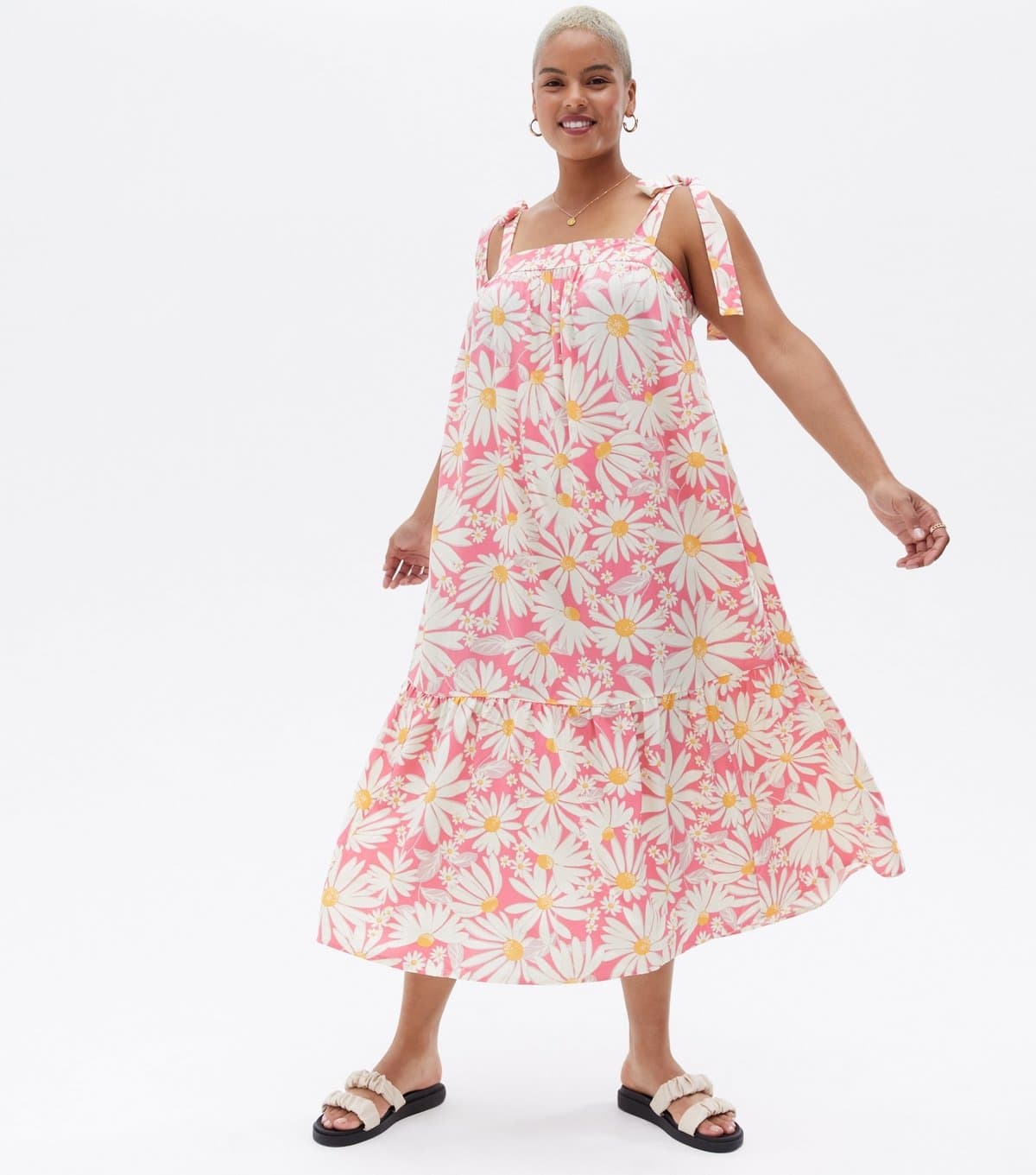 New Look Women's Plus Size Pink Daisy Strappy Midi Smock Dress Curves New Look