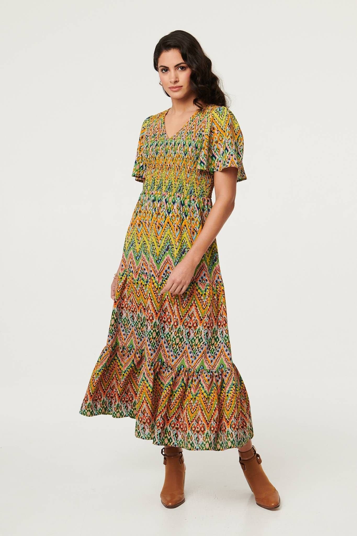 Izabel London Izabel London Women's Printed Angel Sleeve Tiered Midi Dress in Green