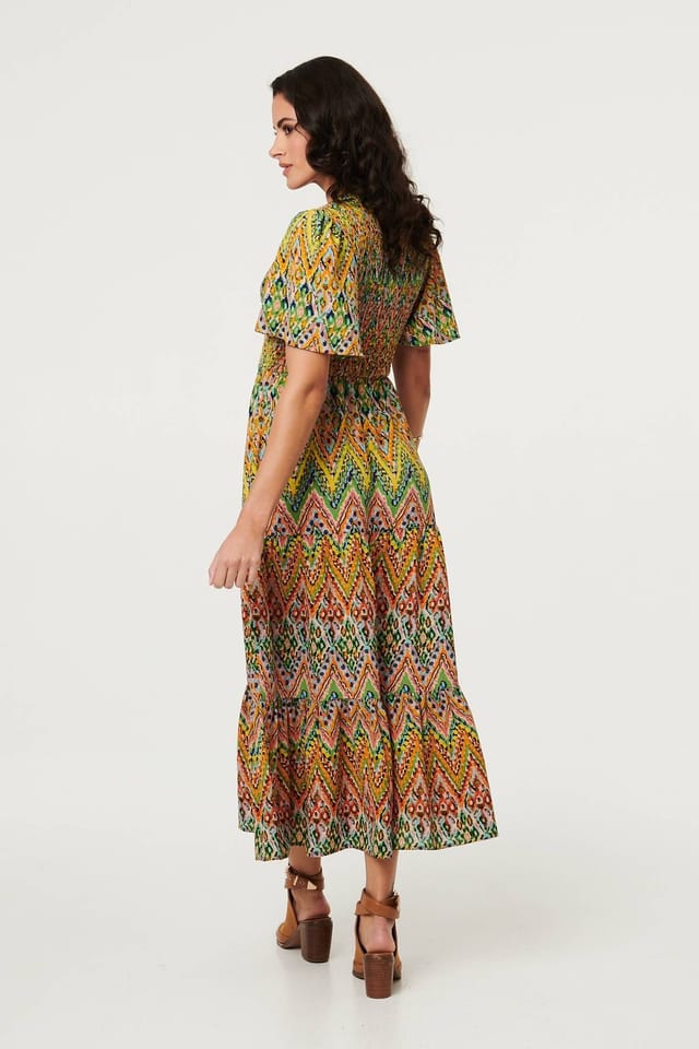 Izabel London Izabel London Women's Printed Angel Sleeve Tiered Midi Dress in Green - 3