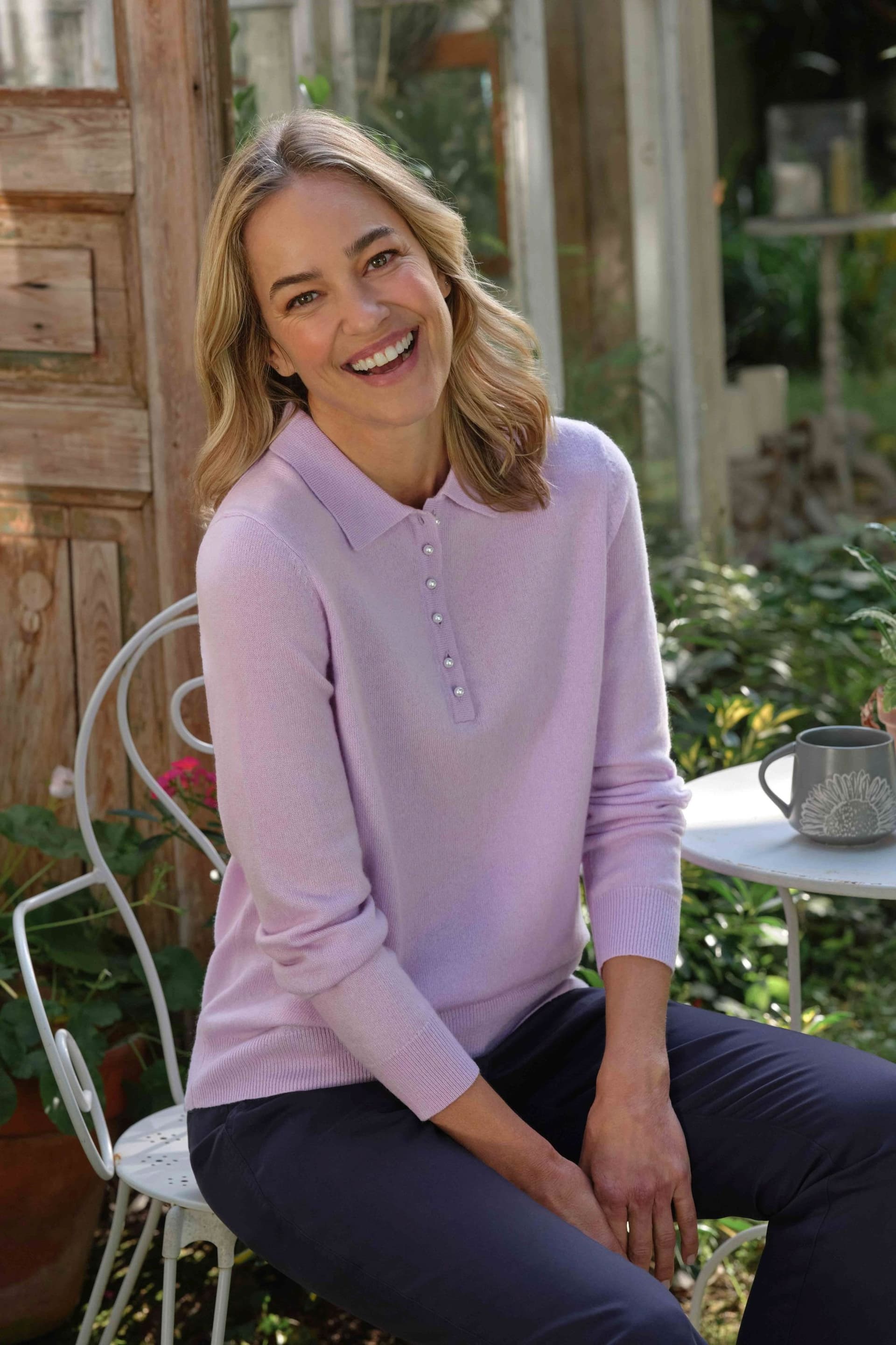 WoolOvers WoolOvers Women's Cashmere & Merino Knitted Polo Shirt in Lilac