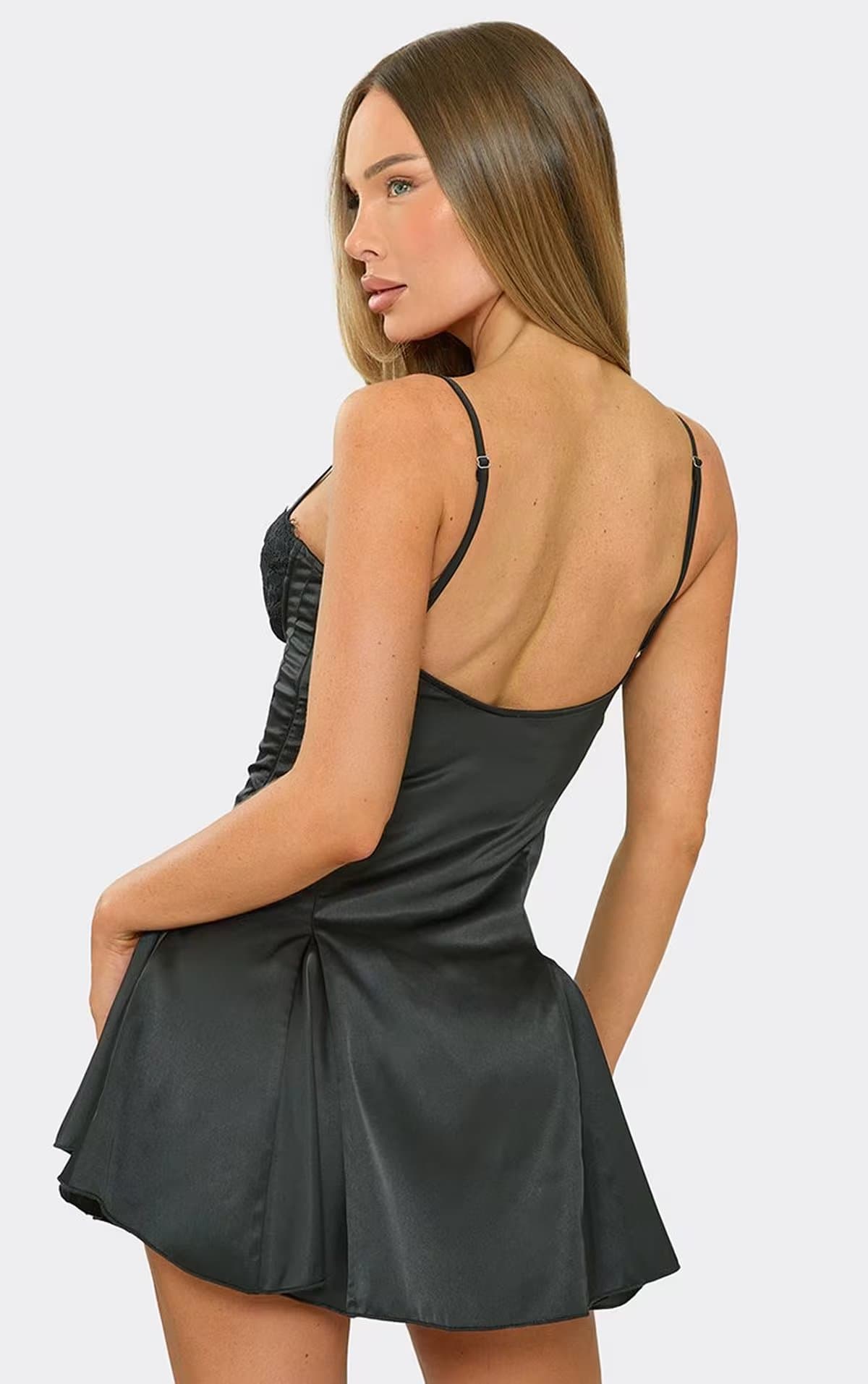 EGO Strappy Lace Cup Detail Mini Shift Dress In Black Satin, Women's Size UK 6