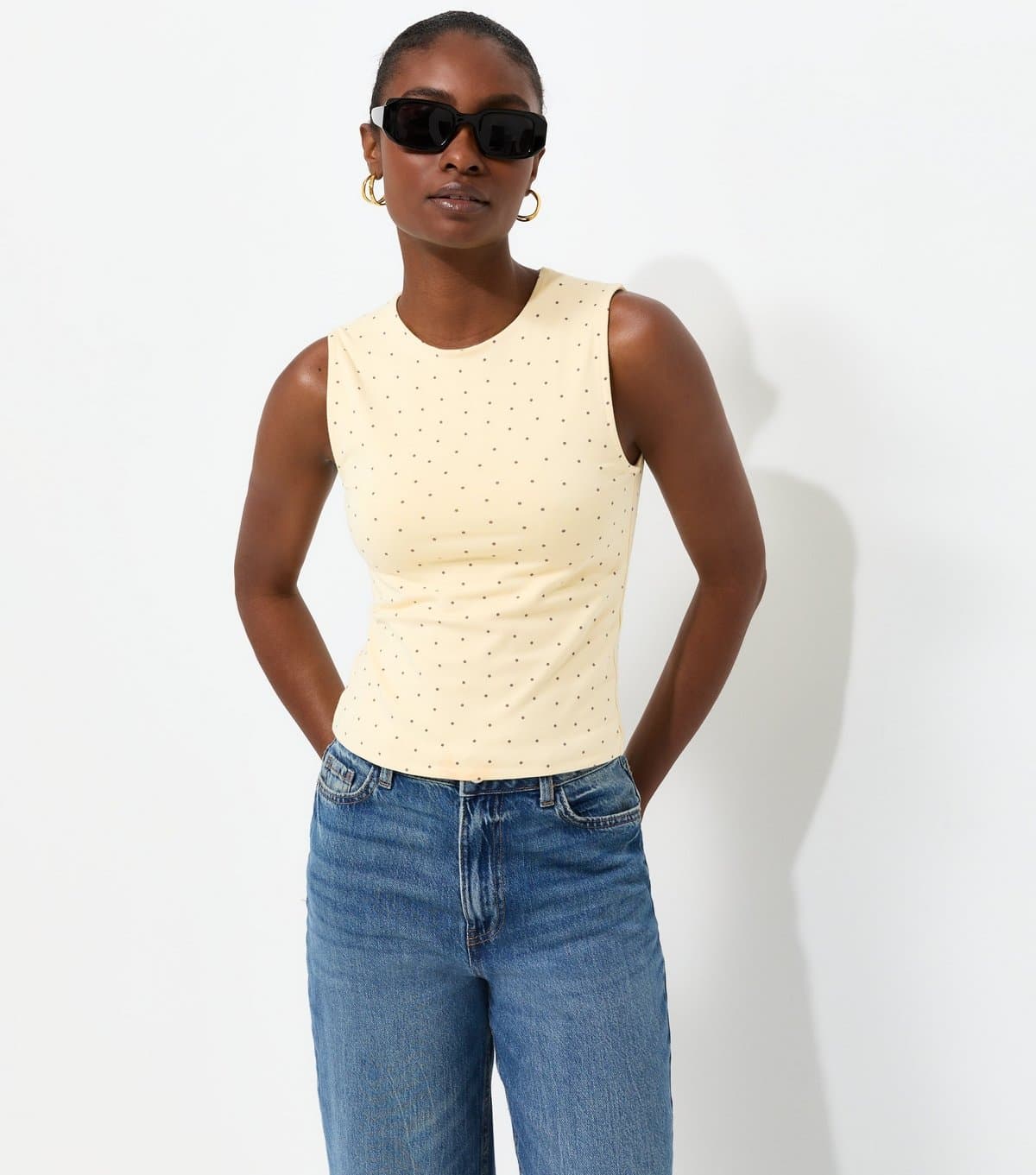 New Look Women's Yellow Cotton Rich Polka Dot Sleeveless Tank Top New Look