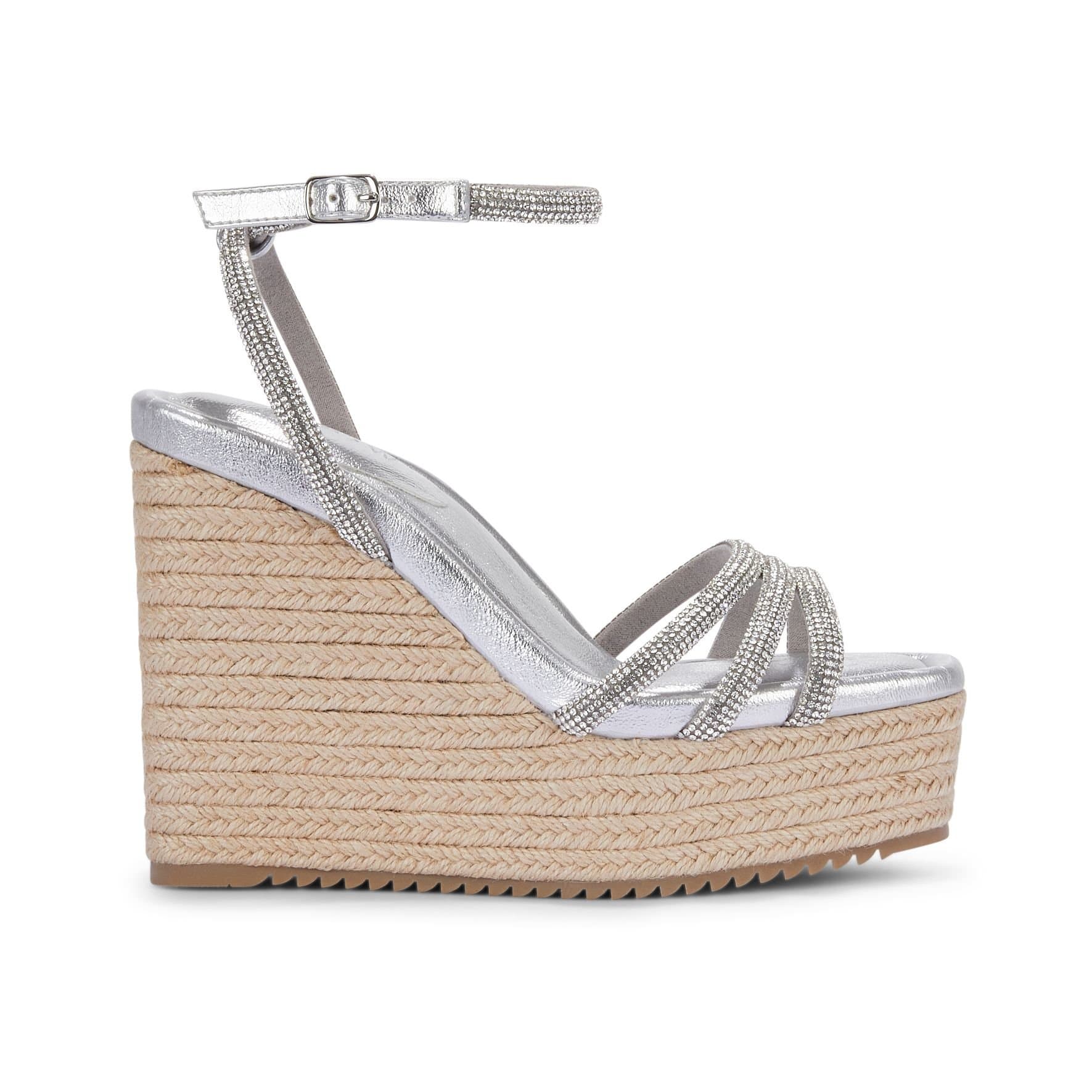 MALOW LONDON MALOW LONDON Women's Ava Wedge Sandals Buckle Strap PU Open Toe Wedge Heel Shoes in Silver
