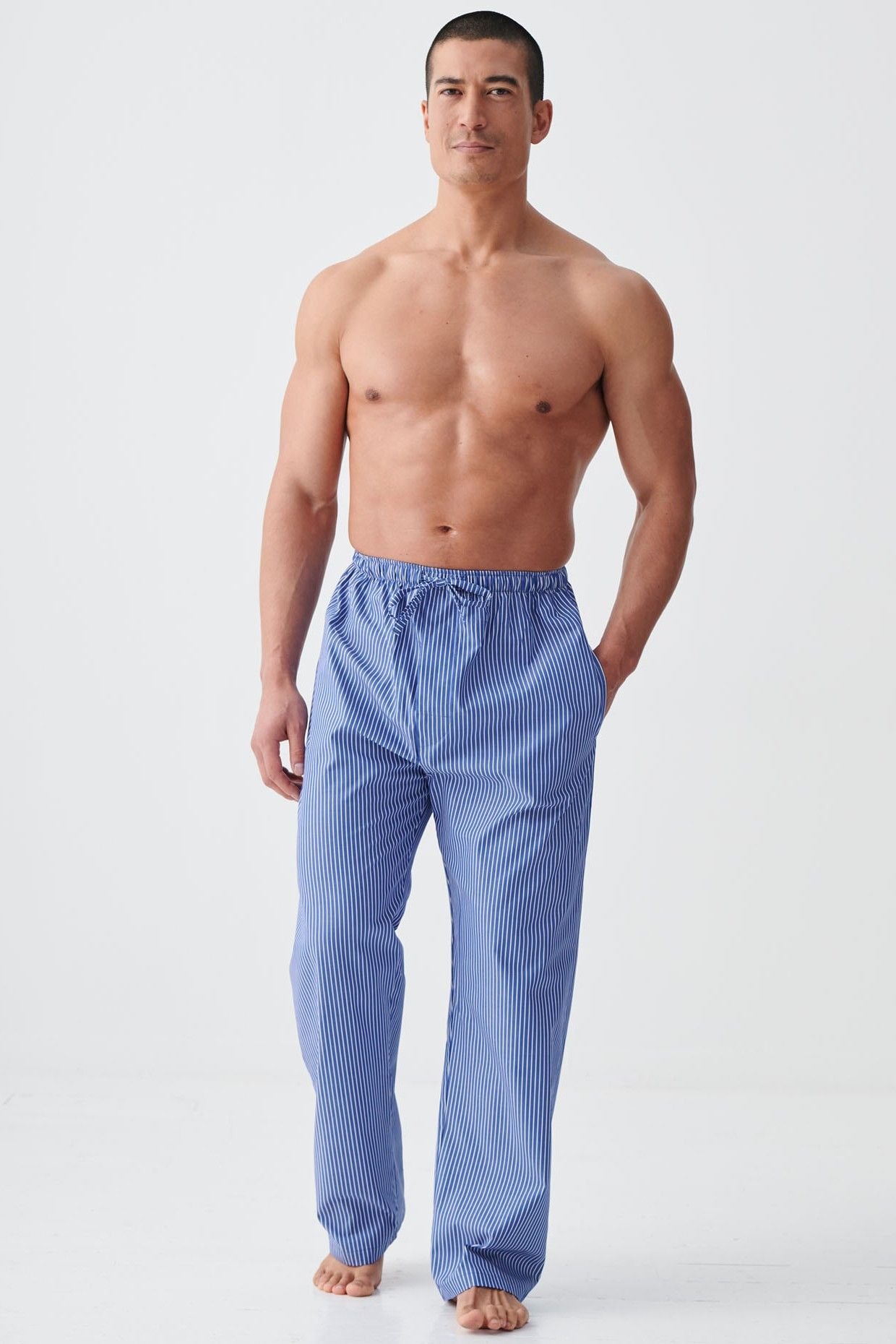 British Boxers British Boxers Men's "Stowe Prussian Blue & White Stripe" Crisp Cotton Pyjama Trousers in Navy - 2
