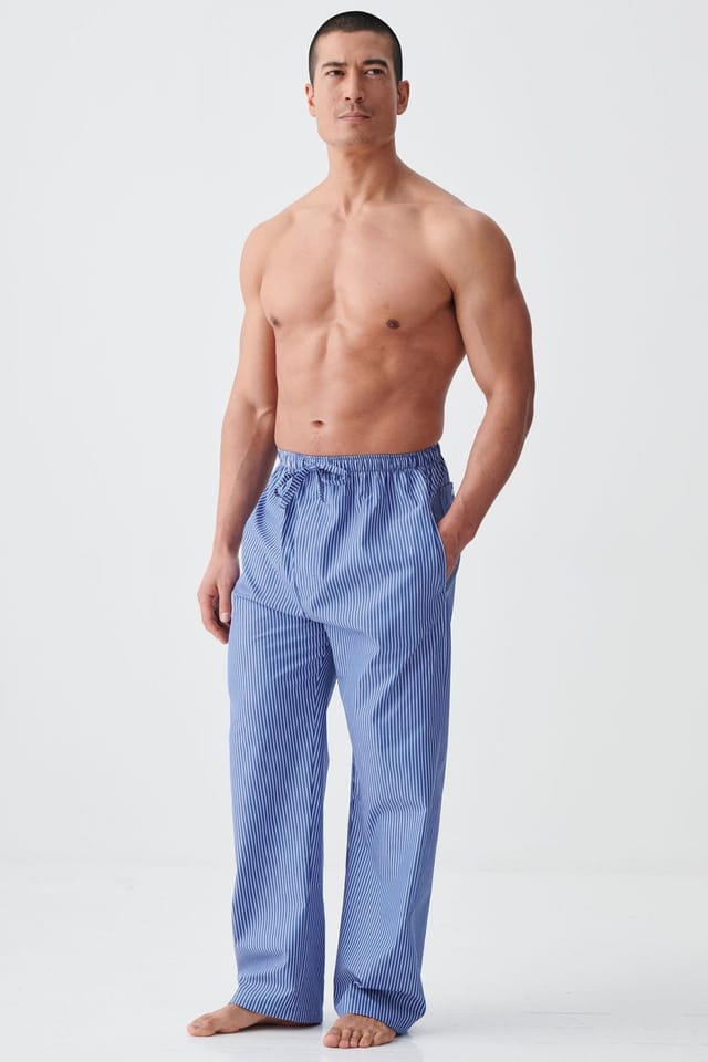 British Boxers British Boxers Men's "Stowe Prussian Blue & White Stripe" Crisp Cotton Pyjama Trousers in Navy - 2