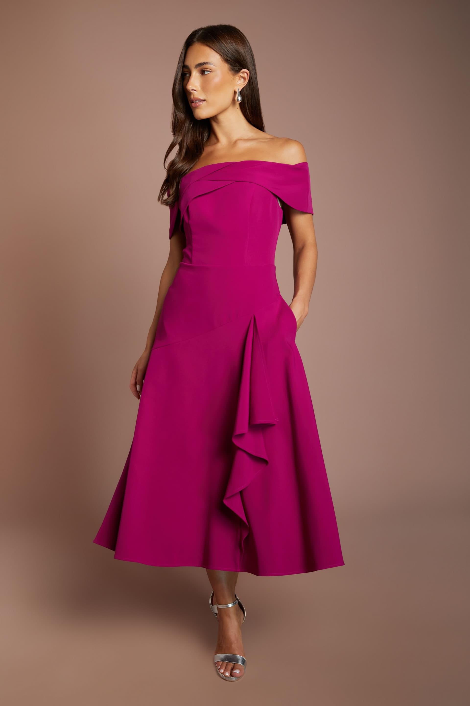 Coast Coast Women's Bardot Waterfall Crepe Midi Dress in Berry