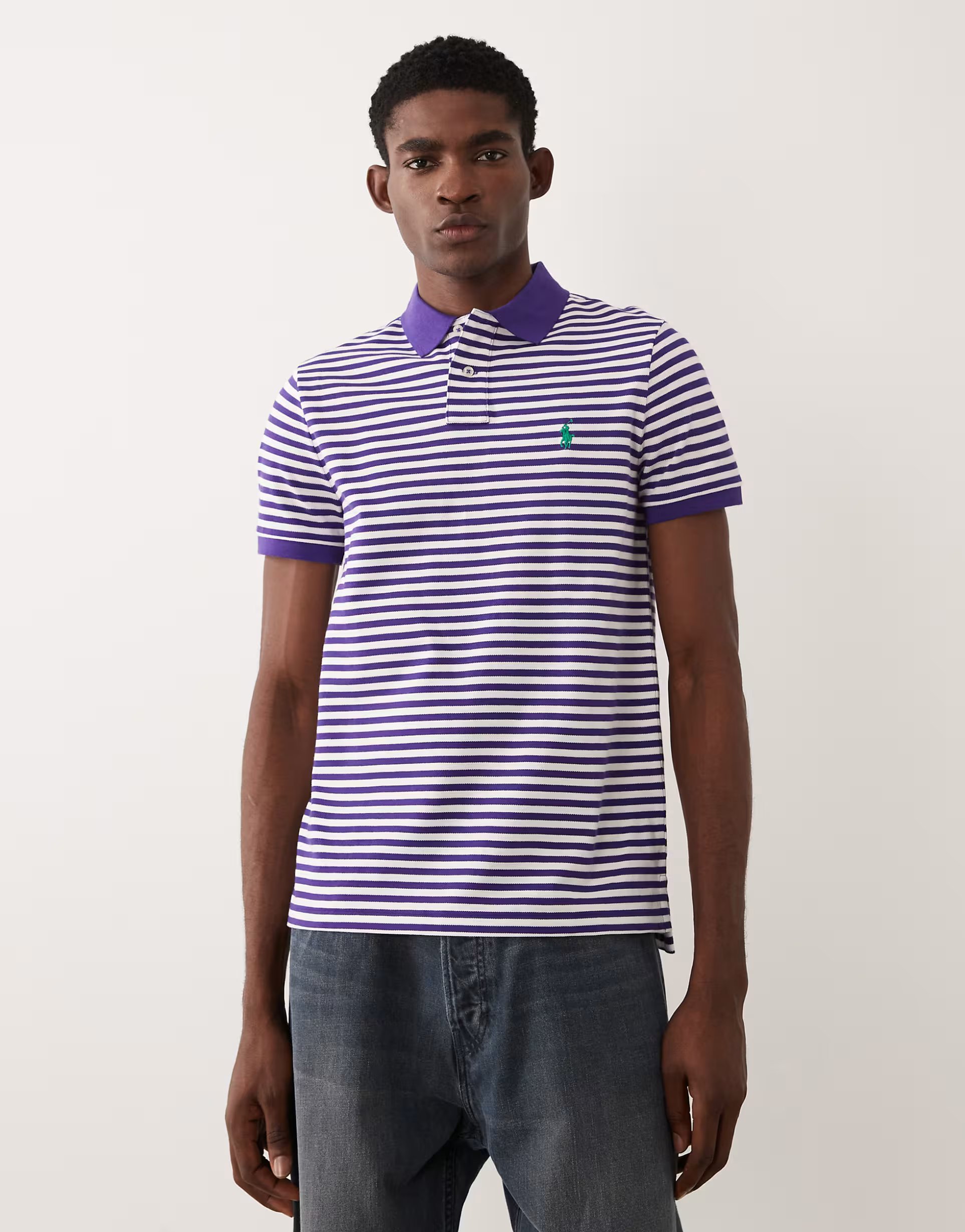 ASOS Polo Ralph Lauren icon logo custom slim fit striped pique polo shirt in purple - 1