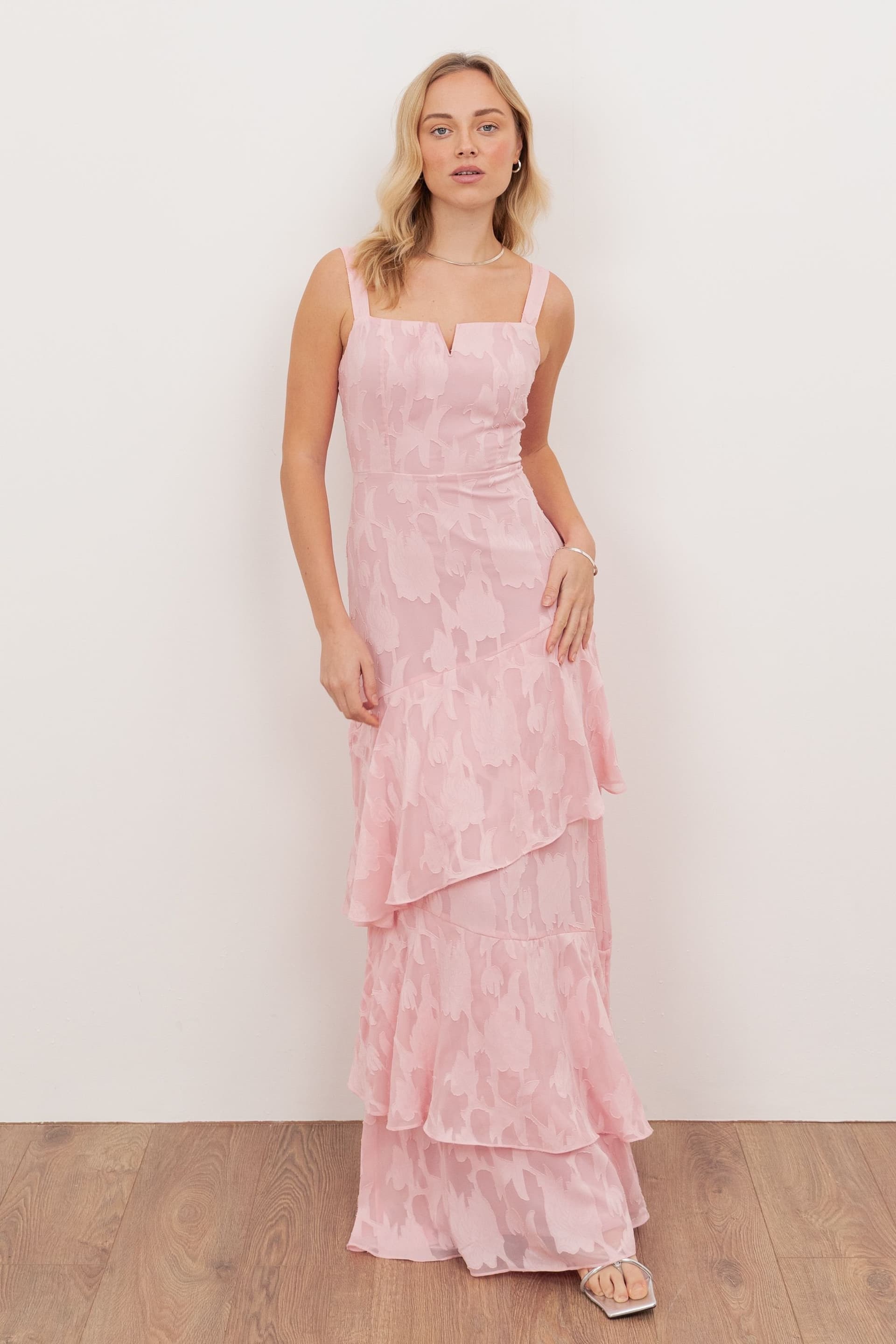 Anaya with Love Anaya with Love Women's Floral Burnout Strappy Asymmetric Ruffle Maxi Dress in Light Pink